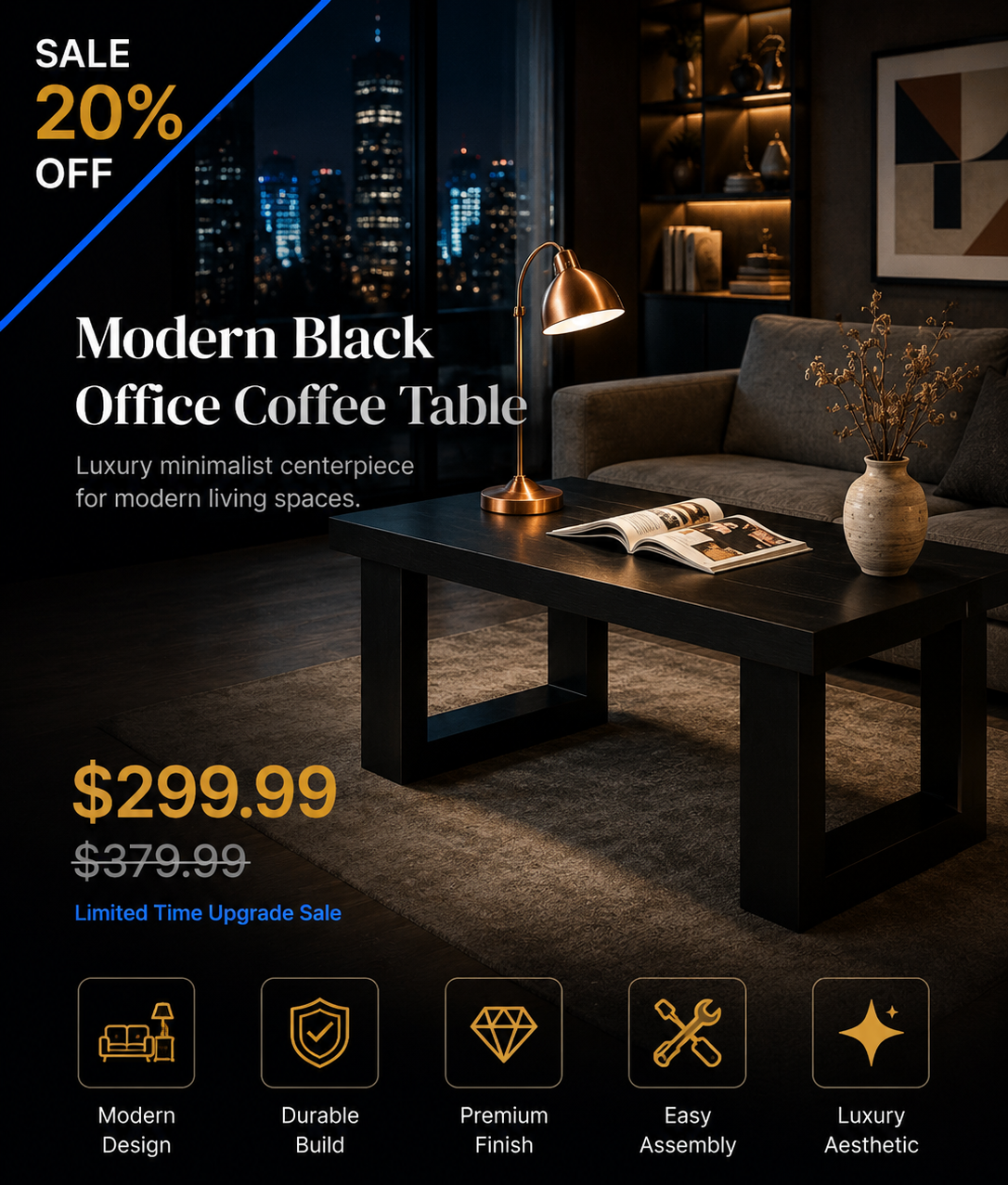 Modern Black Office Desk| Minimal Luxury Living Room Table – NGC Upgrades
