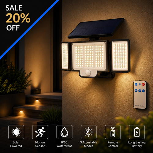 1,2 Pack Solar Lights Outdoor 348 LED Motion Sensor Lights With Remote Control  3 Head Waterproof