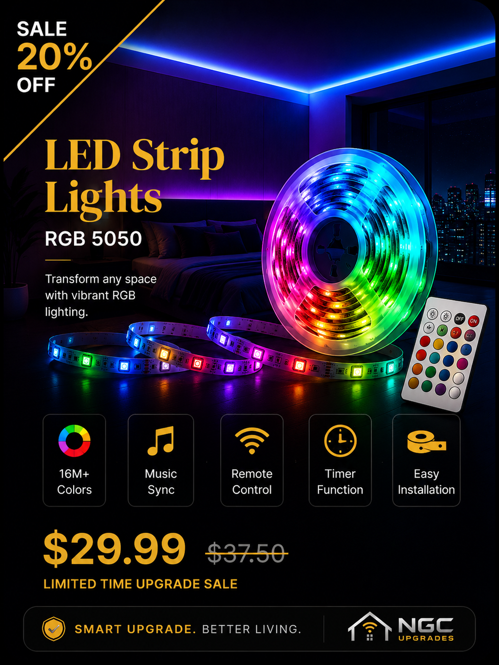 RGB LED Strip Lights for Bedroom & Gaming Setup | NGC Upgrades