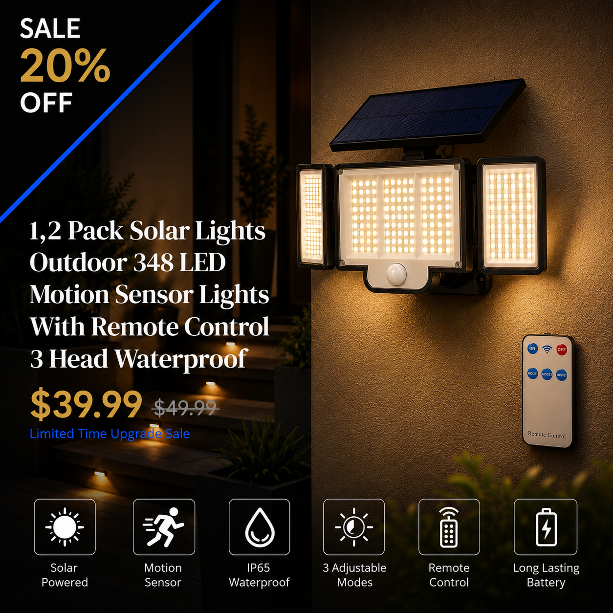 1,2 Pack Solar Lights Outdoor 348 LED Motion Sensor Lights With Remote Control  3 Head Waterproof