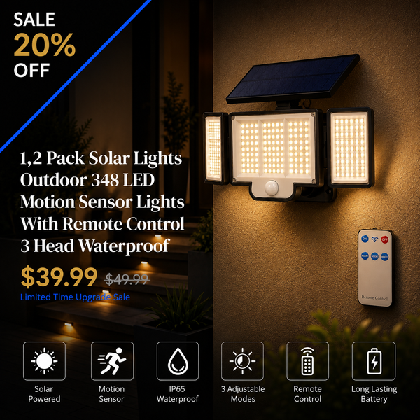 1,2 Pack Solar Lights Outdoor 348 LED Motion Sensor Lights With Remote Control  3 Head Waterproof