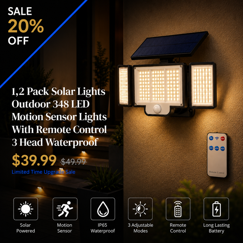 1,2 Pack Solar Lights Outdoor 348 LED Motion Sensor Lights With Remote Control  3 Head Waterproof