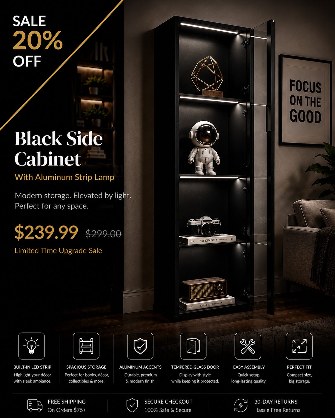 Black Side Cabinet With Aluminum Strip Lamp | Modern LED Display Storage Cabinet – NGC Upgrades
