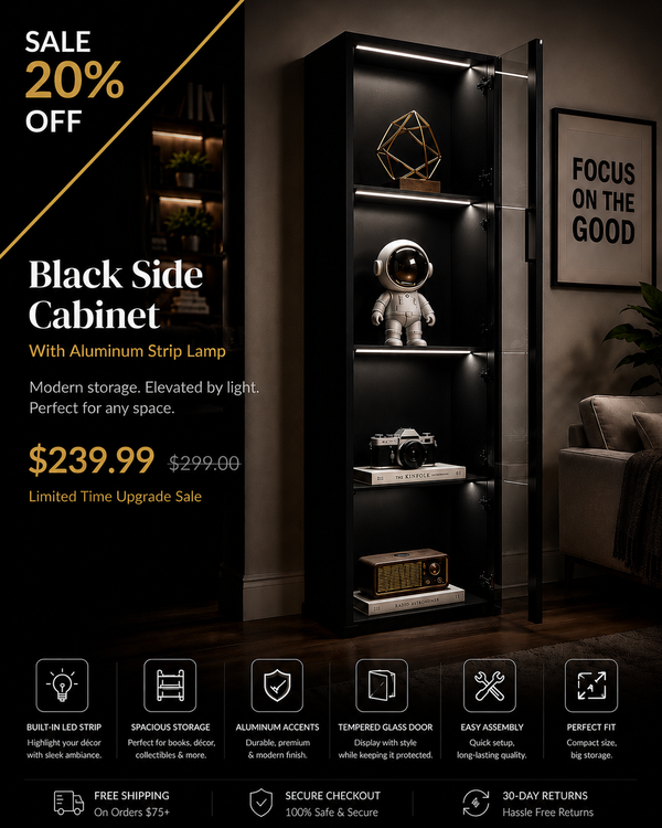 Black Side Cabinet With Aluminum Strip Lamp | Modern LED Display Storage Cabinet – NGC Upgrades