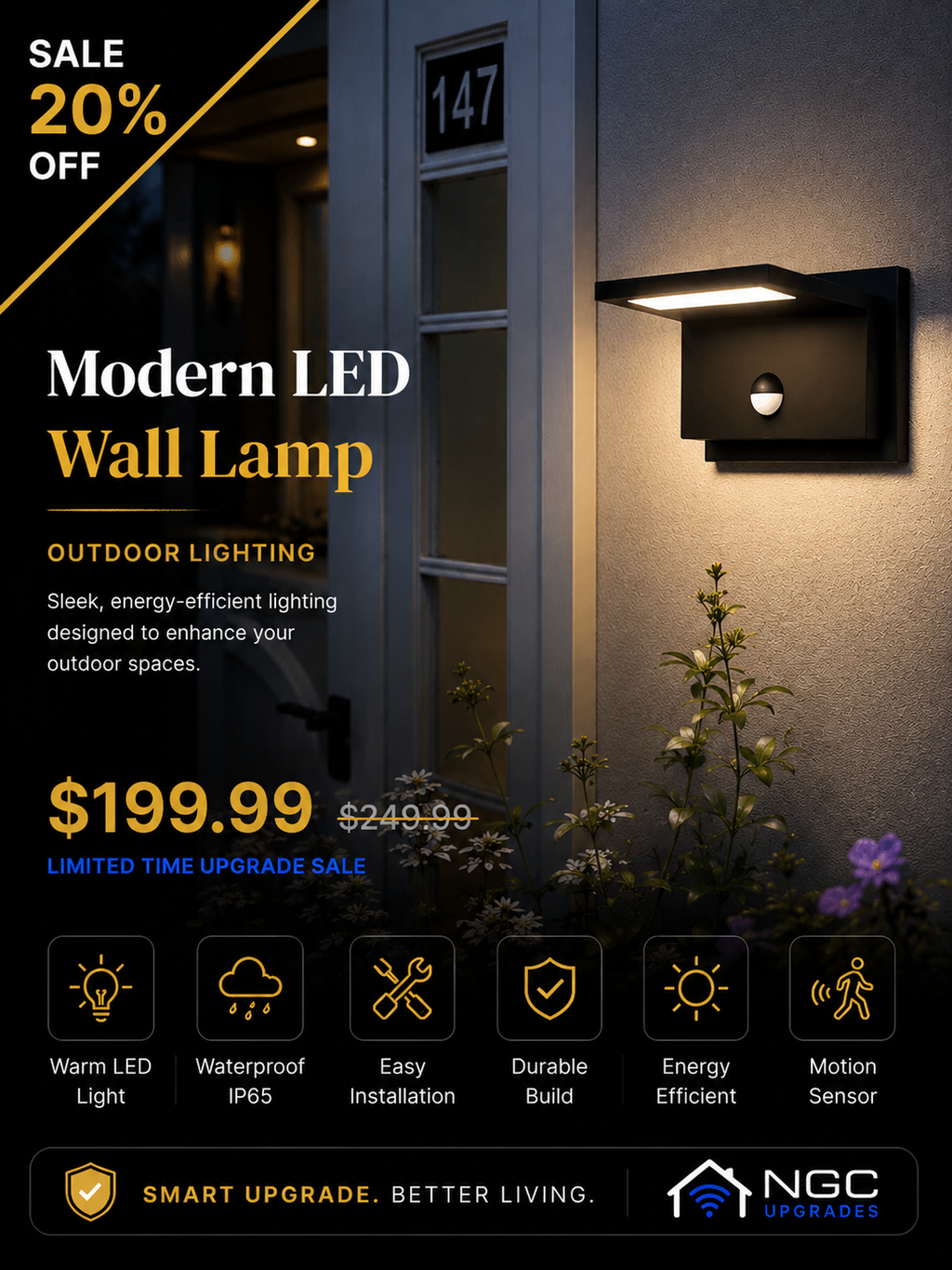 Modern Outdoor Motion Sensor Proch Light | NGC Upgrades
