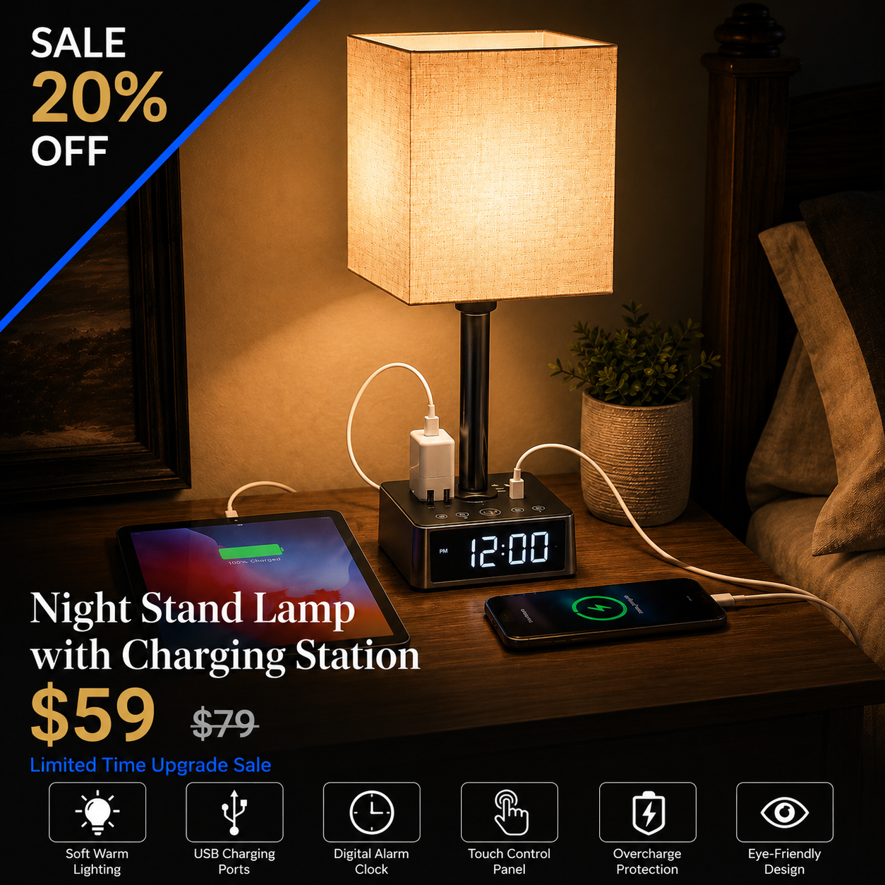 Night Stand  Lamp with Charging Station | Modern Smart Home Lamp